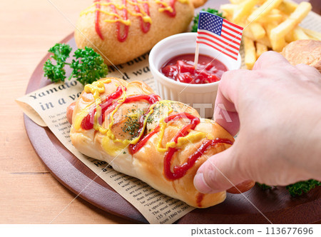Junk food (sausage rolls, croissants, corn dogs and french fries) Junk food (sausage rolls, croissants, corn dogs and french fries) 113677696