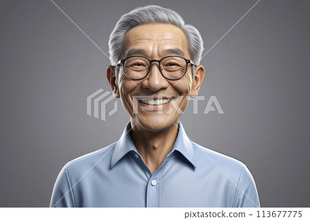 3D illustration of a half-length portrait of a middle-aged and elderly Asian man with a toothy smile 113677775