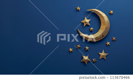Golden crescent moon with stars on blue background. Ramadan Kareem concept. Golden crescent moon with stars on blue background. Ramadan Kareem concept. 113678466