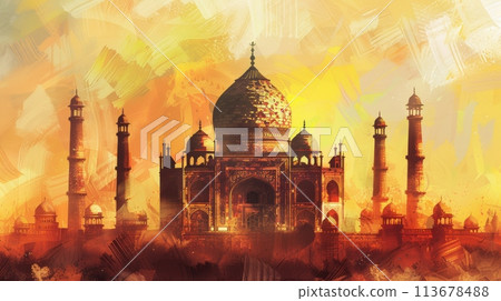 Majestic Taj Mahal at Sunset, Architectural Marvel of Mughal India 113678488