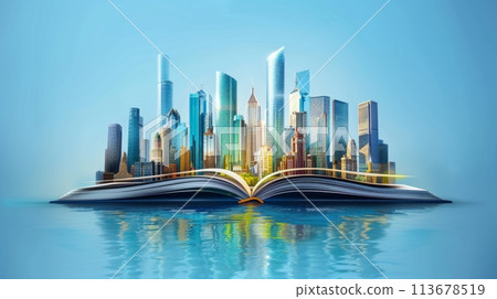 Open Book of Imagination. City Skyline Emerging From Story 113678519