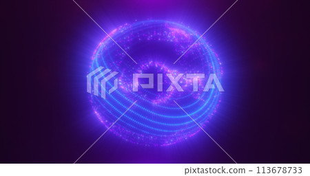 Abstract blue purple glowing digital high-tech futuristic energy plasma sphere with lines and particles on dark black background 113678733
