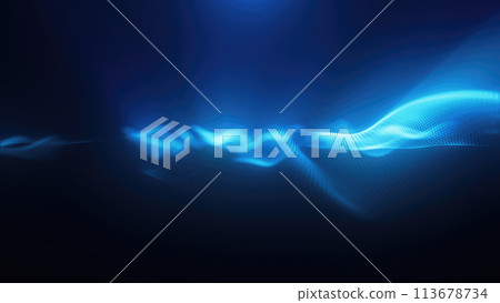 Blue energy magic waves high tech digital iridescent morphing with light rays lines and energy particles. Abstract background 113678734