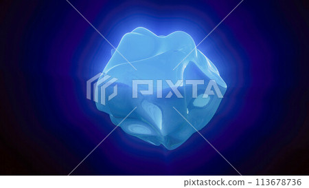Blue energy magic sphere round high-tech digital iridescent morphing ball of liquid metal with light rays lines and energy particles. Abstract background 113678736
