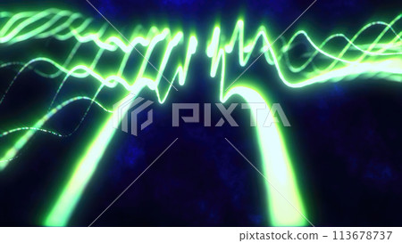 Green energy glowing magic stripes waves lines high technology digital with light beams from energy particles. Abstract background 113678737