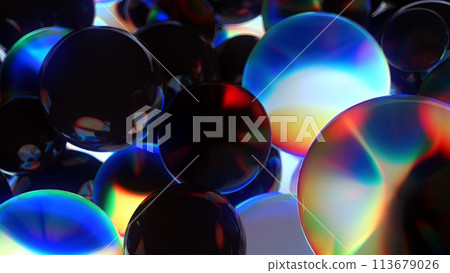 An array of dark spheres with a colorful glare.. An array of dark spheres with a colorful glare.. 113679026