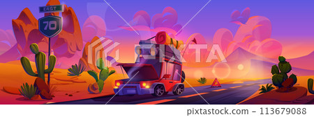 Broken down car on road in desert 113679088