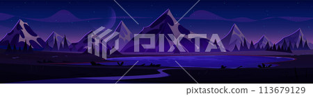Night mountains landscape with lake 113679129