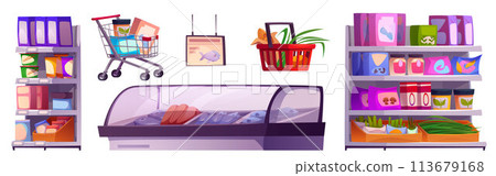Grocery store aisle interior inside vector cartoon 113679168