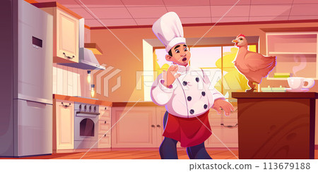 Hen and surprised chef man on home kitchen cartoon 113679188