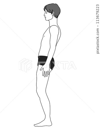 骨盆後傾 一位姿勢不良的日本男性的插圖，其骨盆向後傾斜，下背部拱起 全身側向側面 113679223