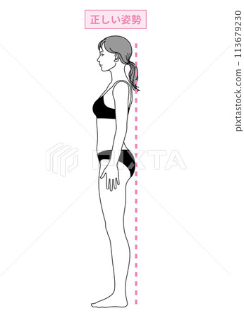 Posture improvement, posture correction, correct and beautiful posture and standing, full body sideways, profile illustration of a Japanese woman Posture improvement, posture correction, correct and beautiful posture and standing, full body sideways, profile illustration of a Japanese woman 113679230