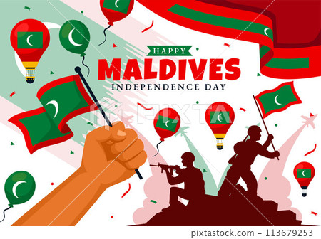Happy Maldives Independence Day Vector Illustration on 26 July with Maldivian Wavy Flag and Ribbon in Flat Cartoon Background Design 113679253