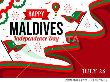 Happy Maldives Independence Day Vector Illustration on 26 July with Maldivian Wavy Flag and Ribbon in Flat Cartoon Background Design 113679257