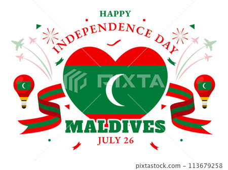 Happy Maldives Independence Day Vector Illustration on 26 July with Maldivian Wavy Flag and Ribbon in Flat Cartoon Background Design 113679258