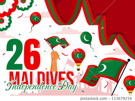 Happy Maldives Independence Day Vector Illustration on 26 July with Maldivian Wavy Flag and Ribbon in Flat Cartoon Background Design 113679259
