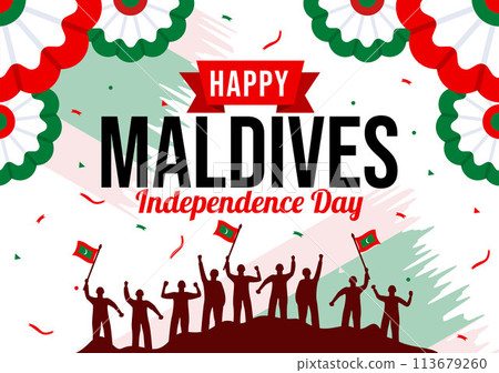 Happy Maldives Independence Day Vector Illustration on 26 July with Maldivian Wavy Flag and Ribbon in Flat Cartoon Background Design 113679260