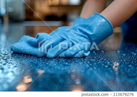 Person in blue gloves is cleaning a table with...-插圖素材 [113679276 ...