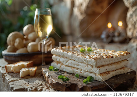 Traditional passover seder festive table with matzah and wine Traditional passover seder festive table with matzah and wine 113679317