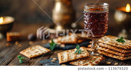 Festive table bound for a traditional Passover seder with a cup of Elijah the Prophet and matzoh Festive table bound for a traditional Passover seder with a cup of Elijah the Prophet and matzoh 113679320