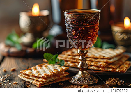 Festive table bound for a traditional Passover seder with a cup of Elijah the Prophet and matzoh 113679322