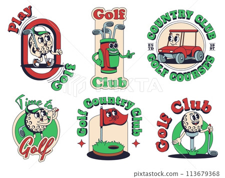 Cartoon Golf mascot print templates. Golf club emblems with ball, bag, cart and hole with flag stickers vector set Cartoon Golf mascot print templates. Golf club emblems with ball, bag, cart and hole with flag stickers vector set 113679368
