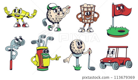 Golf mascot. Ball with club, golf cart, hole with flag stick 1930s cartoon style characters vector illustration set Golf mascot. Ball with club, golf cart, hole with flag stick 1930s cartoon style characters vector illustration set 113679369