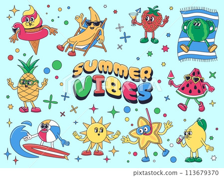 Cartoon summer vibes. Ice cream mascot, vacation fruits characters for seasonal party marketing or invitations design vector illustration set 113679370