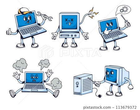 Computer service mascot. Laptop repair character, pc troubleshooting and IT technical support cartoon vector illustration set 113679372