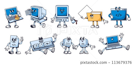 Computer code mascots. Programming characters, code file and terminal, binary keyboard, bug error, laptop and pc vector illustration set Computer code mascots. Programming characters, code file and terminal, binary keyboard, bug error, laptop and pc vector illustration set 113679376