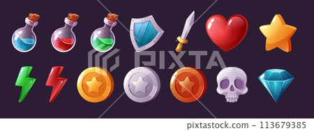 Cartoon game icons. Potion vials and magic elixirs, health heart and power lightning bolt, coins and diamond isolated vector illustration set 113679385