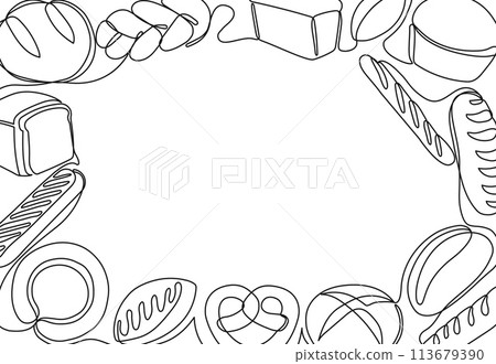 One line bakery products frame. Fresh bread, baked goods border for bakery menu design template vector illustration 113679390
