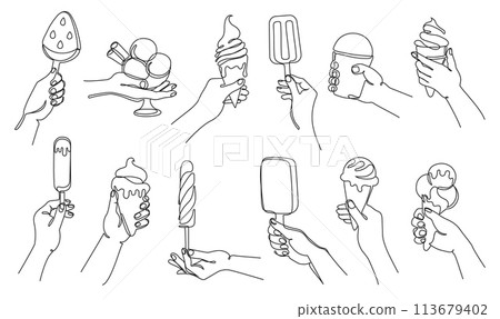 Hand with ice cream. Continuous one line hand holding cones, popsicles and sundaes ice creams vector illustration set with editable stroke paths 113679402