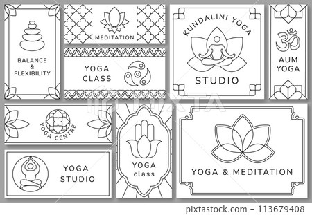 Yoga studio templates. Lotus flower, meditation and harmony balance flyer and banner design layout with line art vector illustration set Yoga studio templates. Lotus flower, meditation and harmony balance flyer and banner design layout with line art vector illustration set 113679408
