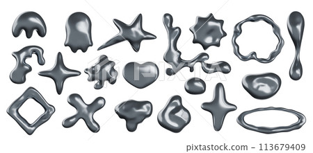 Abstract liquid metal shapes. Metallic shapes and chrome blobs, glossy stars and Y2K heart, melted silver frame and molten mercury corner 3d vector set Abstract liquid metal shapes. Metallic shapes and chrome blobs, glossy stars and Y2K heart, melted silver frame and molten mercury corner 3d vector set 113679409