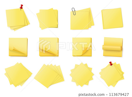 Yellow sticky note stack. Stacked adhesive notes pads with curled corner, paper clips and push pins. Empty notes, reminders or office messages backgrounds vector set Yellow sticky note stack. Stacked adhesive notes pads with curled corner, paper clips and push pins. Empty notes, reminders or office messages backgrounds vector set 113679427