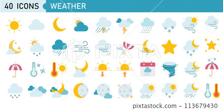 Set of 40 weather web icons in line style. Weather , clouds, sunny day, moon, snowflakes, wind, sun day. Vector illustration. 113679430