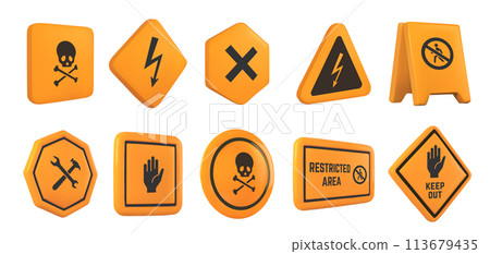 Caution 3D signs. Hazard warning, safety and caution symbols. High voltage, do not enter, and restricted area sign vector illustration set 113679435