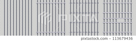 Prison bars. Metal jail security grid, detention steel barrier and protection door vector illustration set Prison bars. Metal jail security grid, detention steel barrier and protection door vector illustration set 113679436