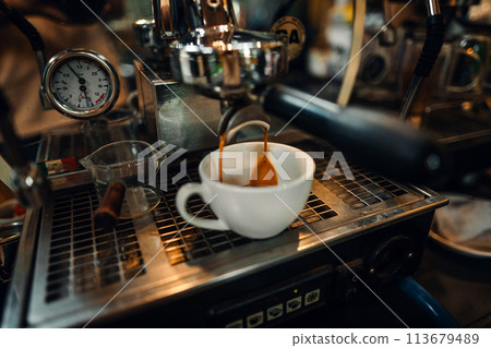 Expresso Coffee machine making a coffee,Fresh espresso shot pouring out of machine Expresso Coffee machine making a coffee,Fresh espresso shot pouring out of machine 113679489