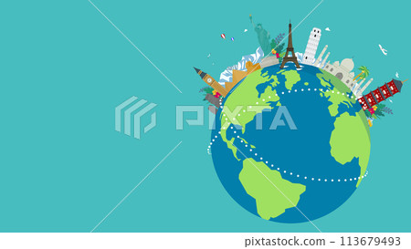 世界遺產和地球裝飾的旅遊廣告背景範本(藍色) 世界遺產和地球裝飾的旅遊廣告背景範本(藍色) 113679493