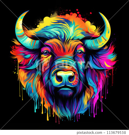 Painting colorful of a bison head on black background. Mammals. Wild Animals. Illustration, Generative AI. 113679538