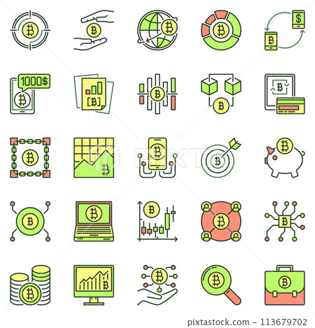 Bitcoin and Cryptocurrency colored icons set. Crypto Technology vector concept signs 113679702
