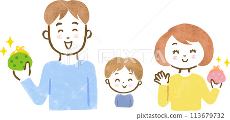 Hand-drawn illustration of a family with a child who is happy to receive money 113679732