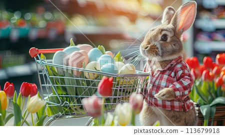 Easter bunny pushing cart with tulips and Easter eggs in the shopping center 113679918