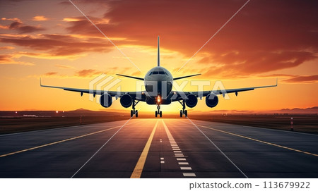 A Large airliner takes off from the airport runway A Large airliner takes off from the airport runway 113679922