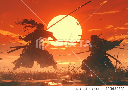 samurai in the rays of the setting sun 113680231