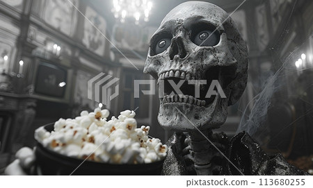 skeleton with popcorn watching TV skeleton with popcorn watching TV 113680255