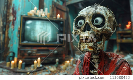 skeleton with popcorn watching TV skeleton with popcorn watching TV 113680433