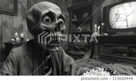 skeleton with popcorn watching TV skeleton with popcorn watching TV 113680449
